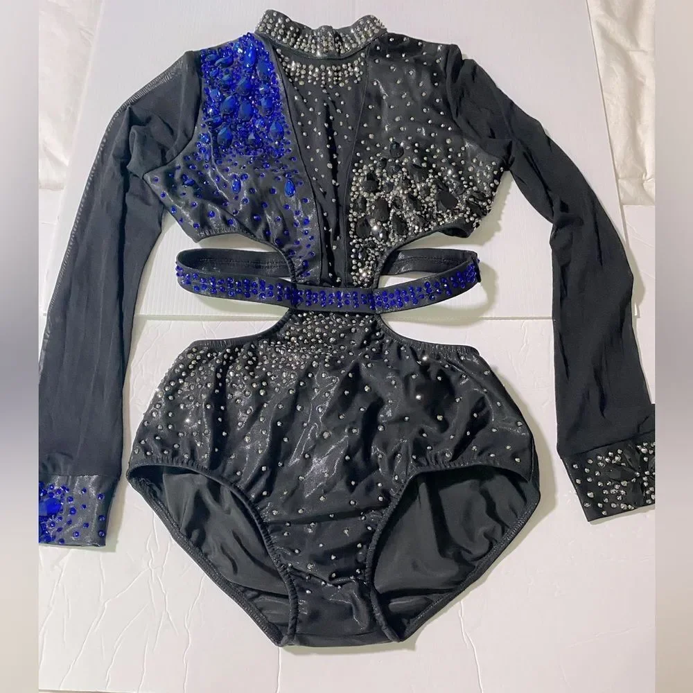 Glamour Adult LA Solo Dance Costume Black Blue Mesh Sleeve Contemporary Jazz